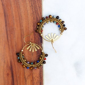 Little khaki macrame hoops earrings with tiger eye and multicolor glass beads