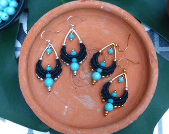 Black and turquoise dangle drop earrings made of macrame