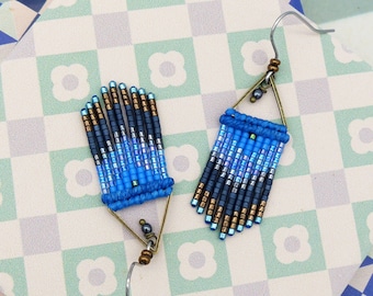 Boho chic hand woven earrings made of micromacrame and miyuki delica seed beads cobalt blue hematite grey and bronze