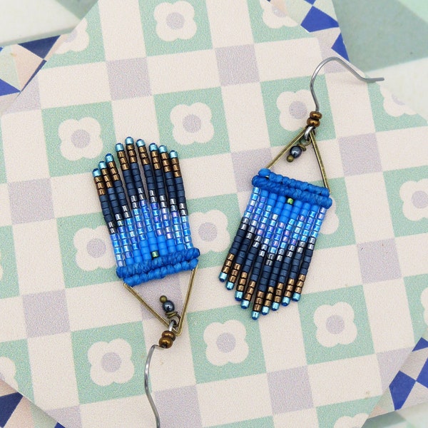 Boho chic hand woven earrings made of micromacrame and miyuki delica seed beads cobalt blue hematite grey and bronze