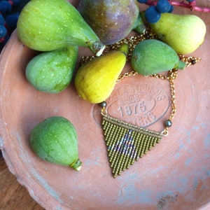 Khaki green and bronze triangle pendant with miyuki delica beaded fringes