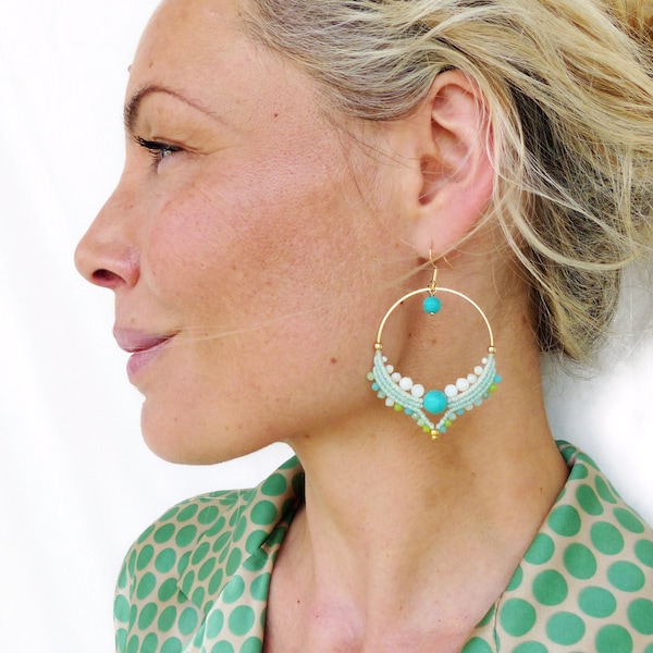 Grandes boucles d'oreilles créoles vert camaieu de vert menthe bleu turquoise et nacre