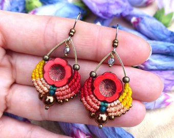 Macrame flowers earrings red yellow orange and terracotta