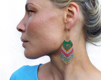 Bollywood colors beaded fringe earrings emerald green orange pink and gold
