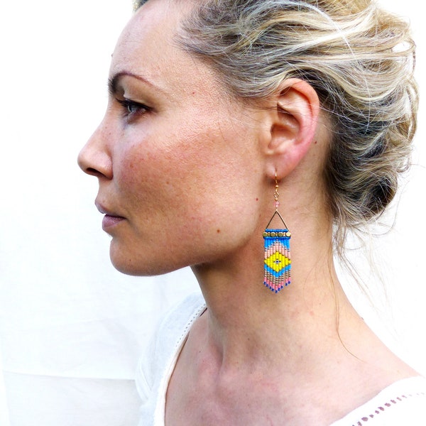 Beaded fringe earrings made of micromacrame and miyuki beads cobalt blue yellow peach pink nad gold