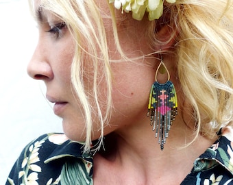 Long beaded fringe earrings made of micromacrame and rainbow miyuki beads pink green grey and bronze