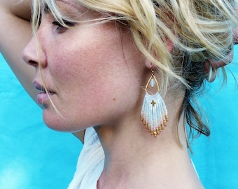 Long bohemian micromacrame beaded fringe earrings with pastel colors white and gold miyuki seed beads