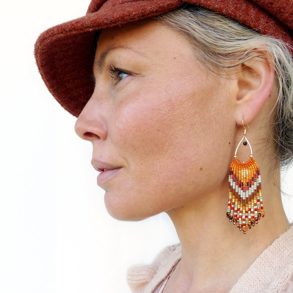 Boucles d'oreilles à franges aux couleurs de l'automne orange marron bordeaux doré