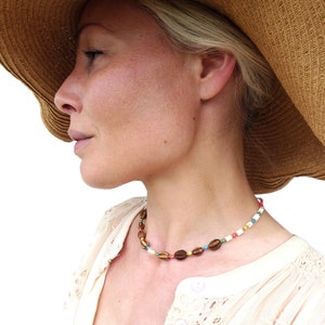 Colorful choker necklace with natural seeds shells pearls and gold filed 14K chain