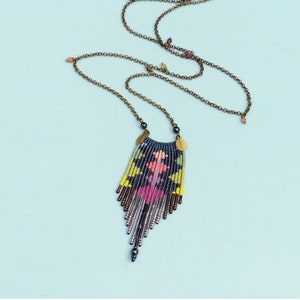 Beaded fringe pendant and long necklace made of miyuki beads and gemstones