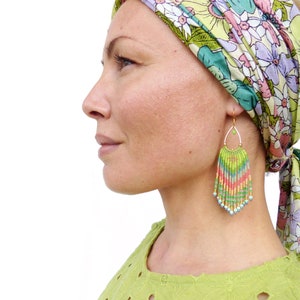 Spring beaded fringe earrings anise green bleu and watermelon pink