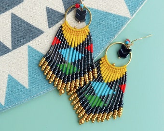 Long harlequin fringe earrings with hematite grey gold and multicolored miyuki beads