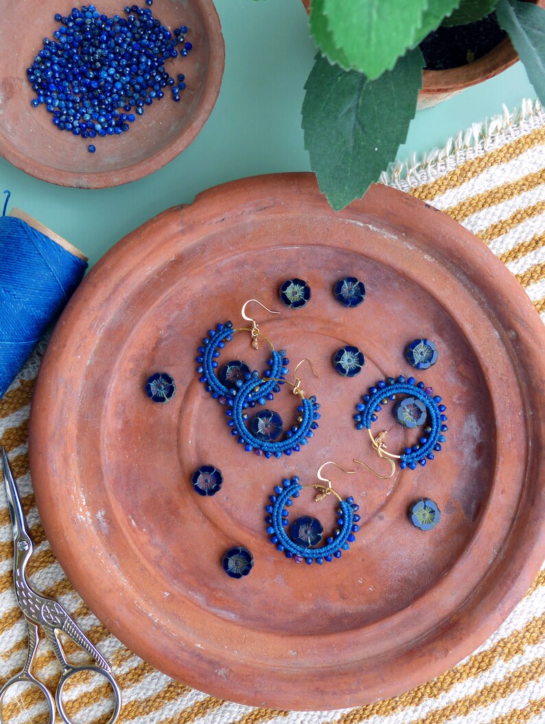 Little macrame hoops with lapis lazuli ruby and flowers image 9