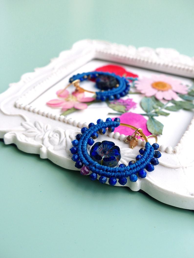 Little macrame hoops with lapis lazuli ruby and flowers image 4