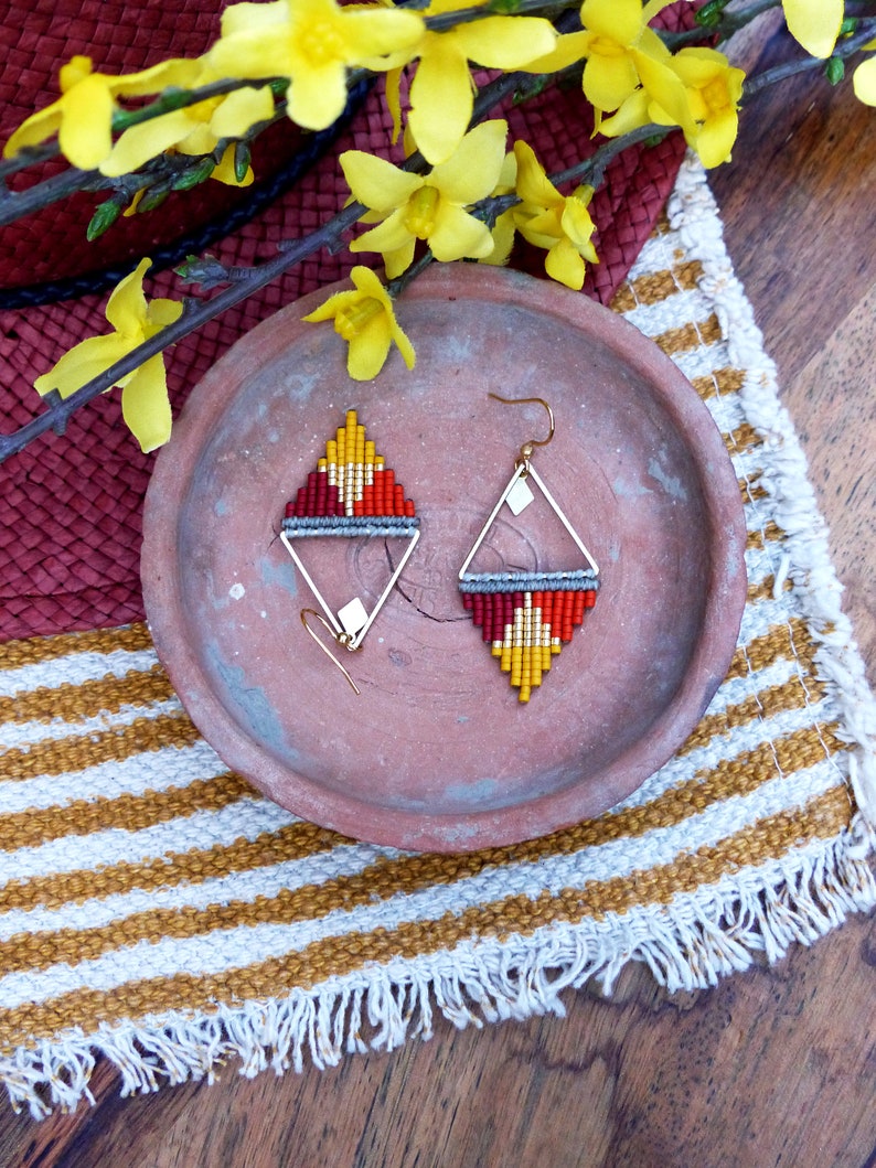 Colorful Dangle Triangle Earrings Made of Macrame and Miyuki Etsy