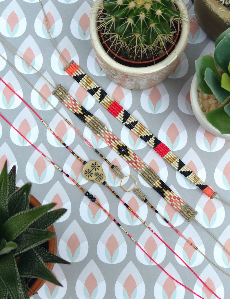 Macrame and miyuki beads Friendship bracelet Beige black gold neon and neon pink Hexagon or beads Boho chic jewelry Gift for her