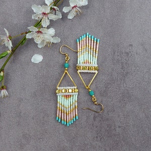 Spring bohemian chic macrame earrings chevron mint turquoise coral white gold japanese seed beads miyuki delicate designer jewelry France