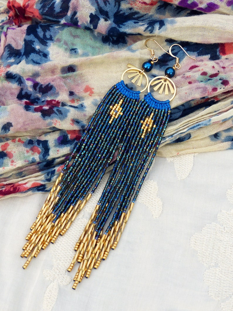 Night Blue and Gold Statement Beaded Fringe Earrings Made of - Etsy