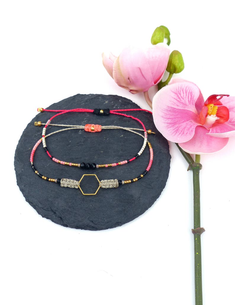 Macrame and miyuki beads Friendship bracelet Beige black gold neon and neon pink Hexagon or beads Boho chic jewelry Gift for her