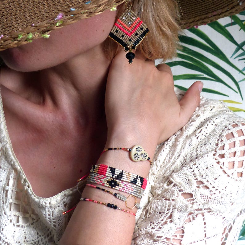 Macrame and miyuki beads Friendship bracelet Beige black gold neon and neon pink Hexagon or beads Boho chic jewelry Gift for her