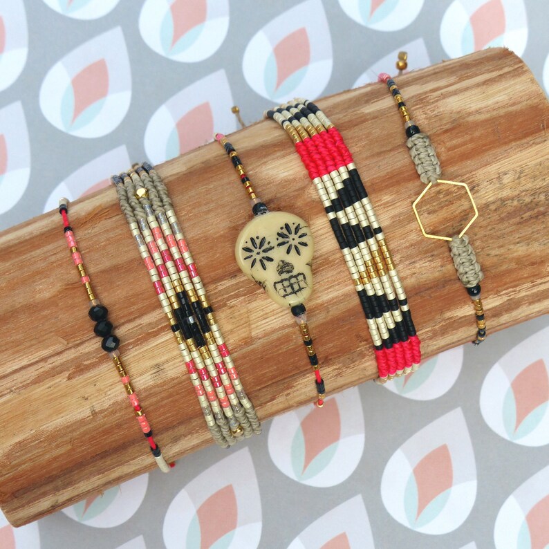 Macrame and miyuki beads Friendship bracelet Beige black gold neon and neon pink Hexagon or beads Boho chic jewelry Gift for her