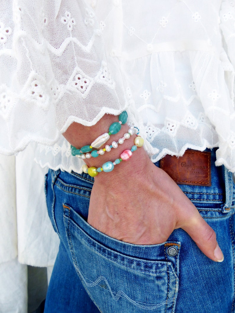 Precious surfer bracelets with river pearls and keishi pastel blue pink yellow green image 7