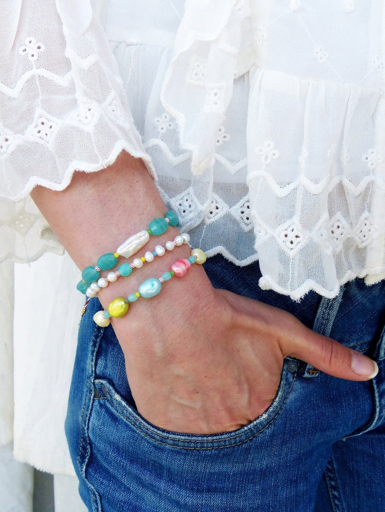 Precious surfer bracelets with river pearls and keishi pastel blue pink yellow green image 1