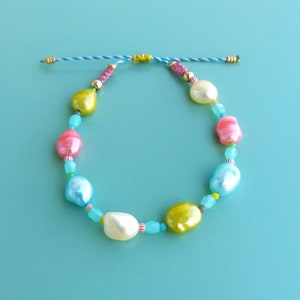 Precious surfer bracelets with river pearls and keishi pastel blue pink yellow green image 5