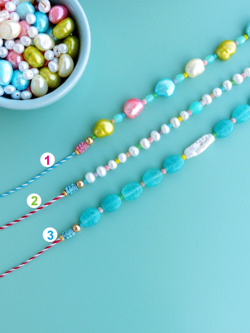 Precious surfer bracelets with river pearls and keishi pastel blue pink yellow green image 3