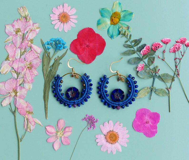 Little macrame hoops with lapis lazuli ruby and flowers image 7