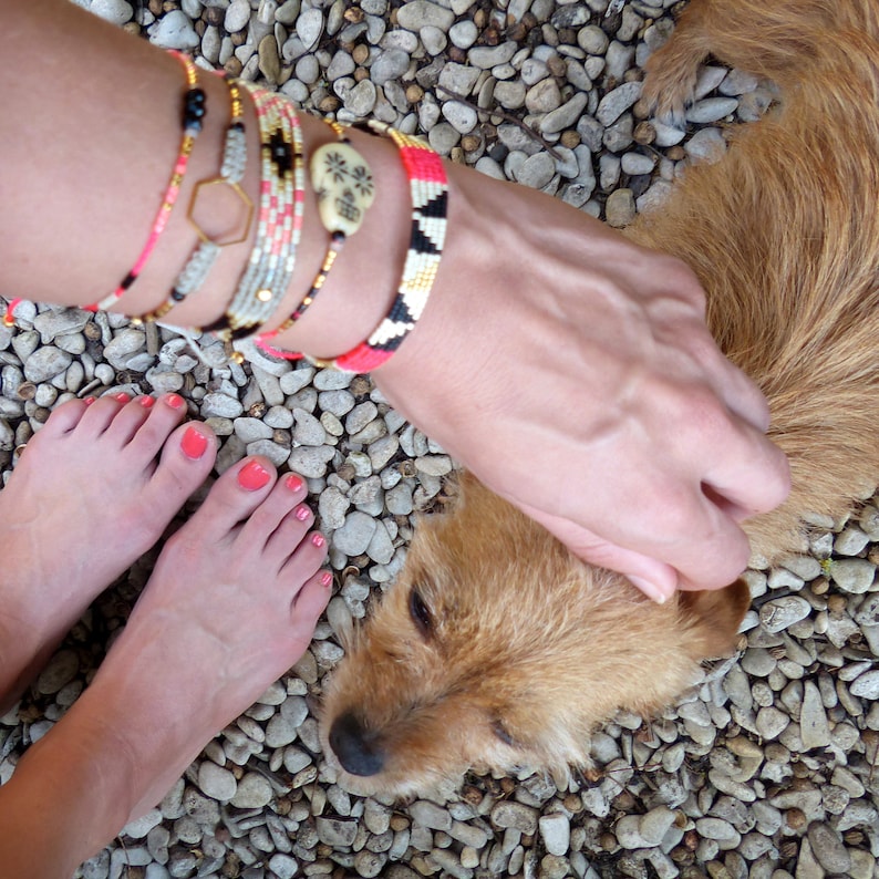 Macrame and miyuki beads Friendship bracelet Beige black gold neon and neon pink Hexagon or beads Boho chic jewelry Gift for her