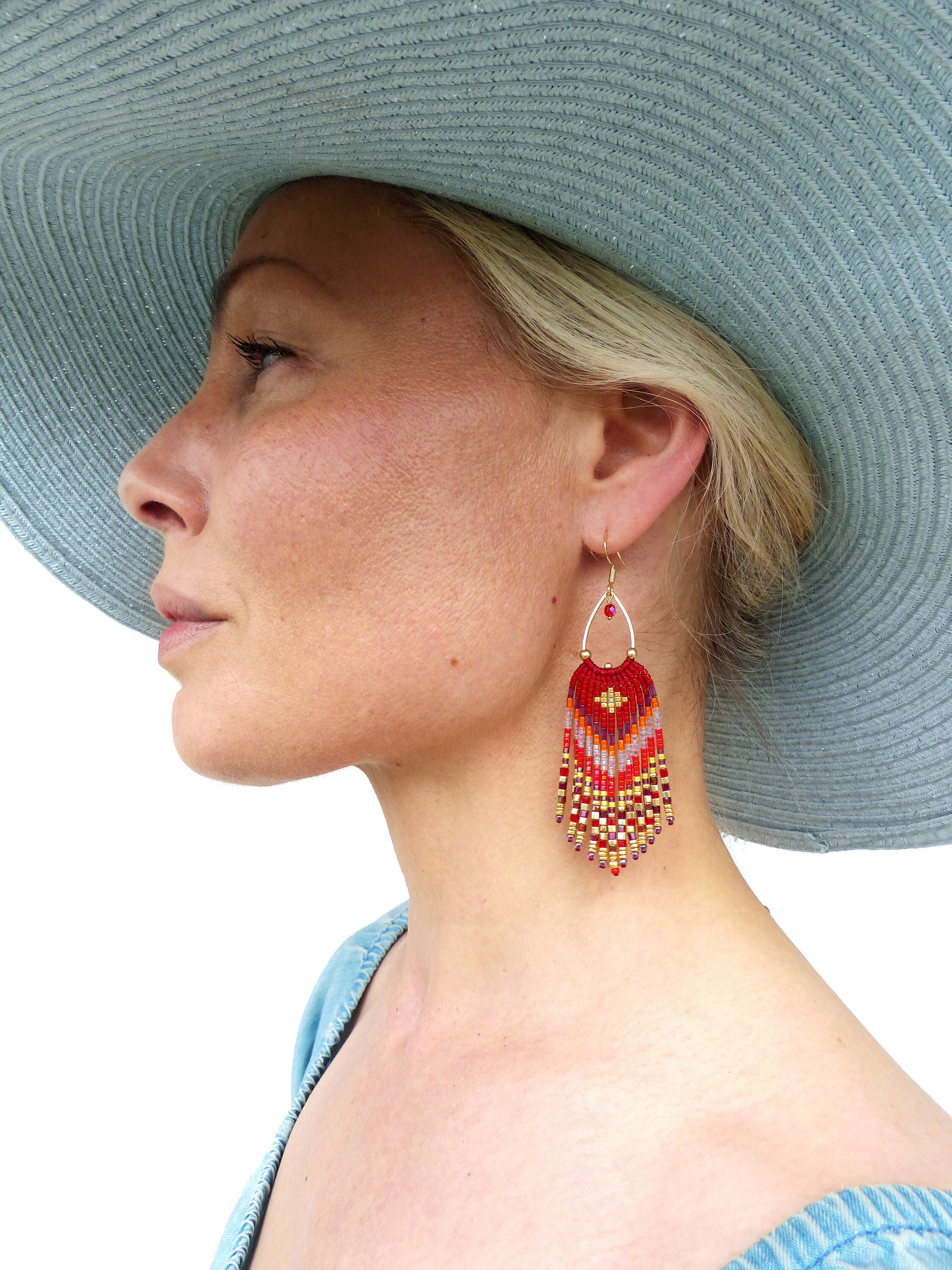 Shade of red orange purple and gold long beaded fringe earrings