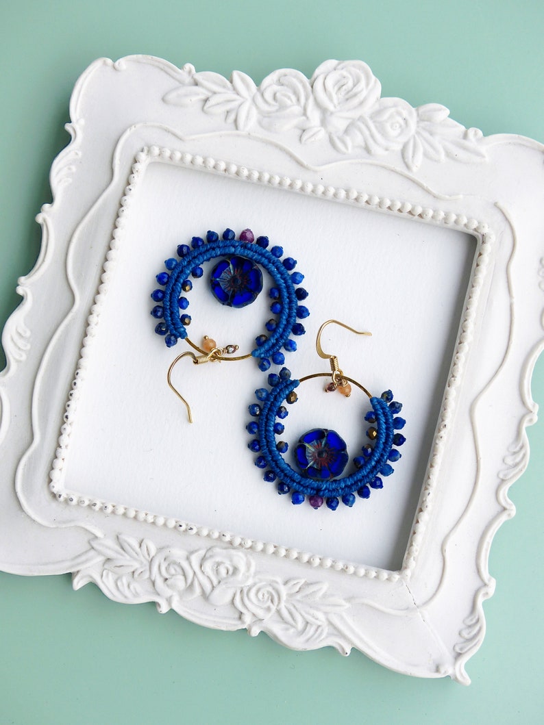 Little macrame hoops with lapis lazuli ruby and flowers image 6