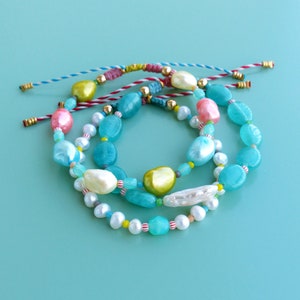 Precious surfer bracelets with river pearls and keishi pastel blue pink yellow green image 2