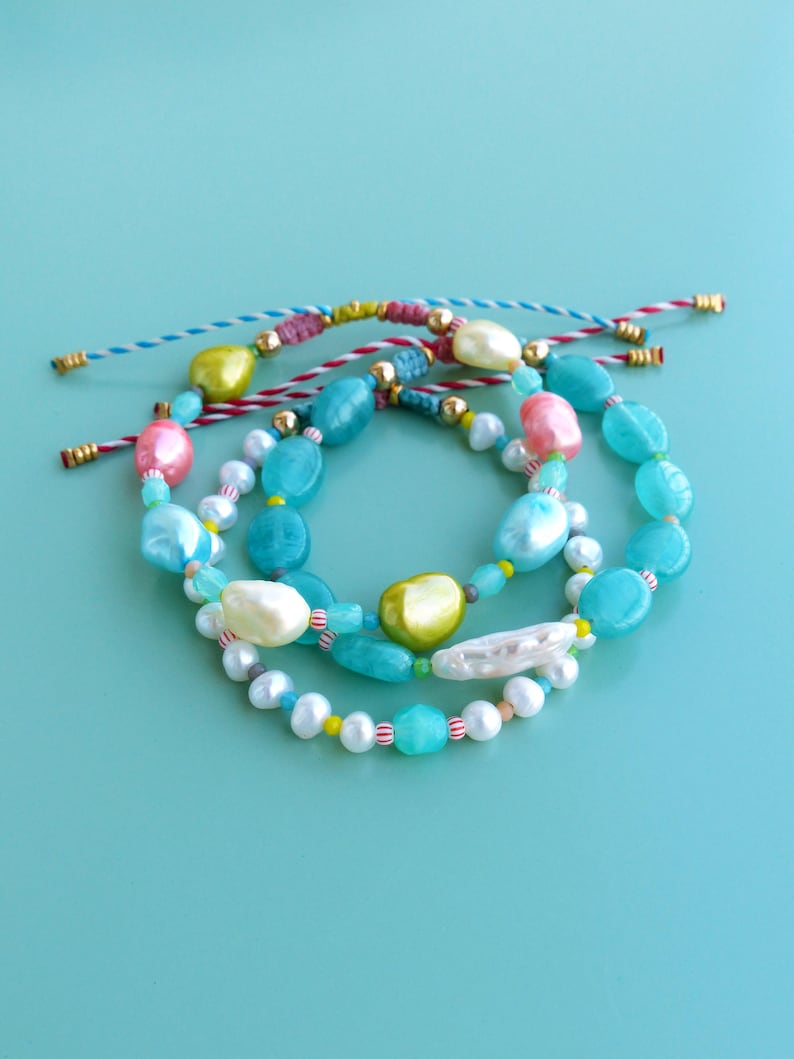 Precious surfer bracelets with river pearls and keishi pastel blue pink yellow green image 2