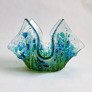 Blue Wildflower Fused Glass Candle Holder - Fairy Light Holder