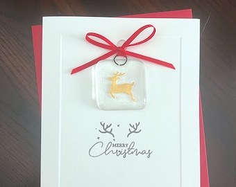 Merry Christmas - Folded Card with Collectable Deer Design Fused Glass Keepsake Ornament