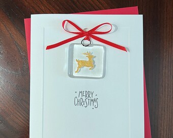 Merry Christmas - Folded Card with Gold Deer Design Collectable Fused Glass Keepsake