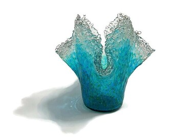 Glass Vase in Transparent Turquoise Ocean Splash: One-of-a-kind Art Glass Vase (6") - Ocean Splash Series