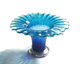 Glass Footed Vase in Blue Ombre Ocean Splash: One-of-a-kind Art Glass Vase (4.5") - Ocean Splash Series