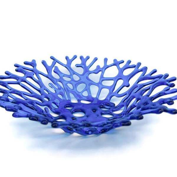 Artisan Glass Coral Bowl in Transparent Deep Blue Fused Glass (10.5" x 3.5") - One of a Kind