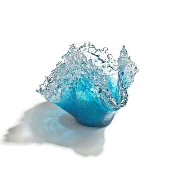 Glass Candle Holder in Aqua Splash - One of a Kind - Ocean Splash Series