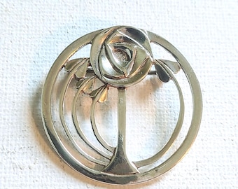 Vintage Mackintosh Style Silver Brooch, Round Glasgow Rose Design