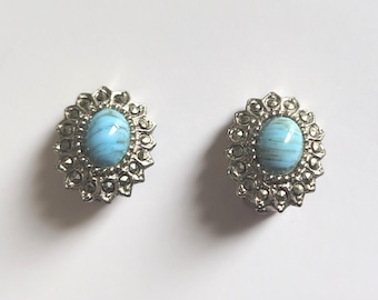 1950s Vintage Earrings, Faux Turquoise & Marcasite Clip Ons