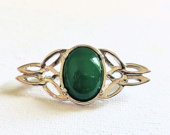 Vintage Scottish Celtic Knot Brooch, CJ Scotland Signed Green Glass Pin