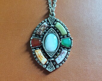 Vintage Celtic Pendant, Scottish Faux Agate Necklace, Silver Tone Oval Pendant