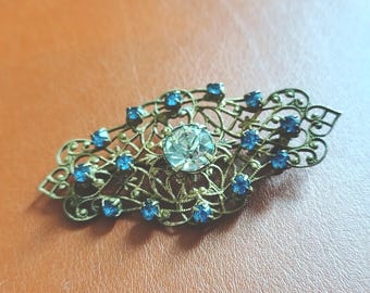Vintage Czech Bohemian Filigree Brooch with Blue & Clear Glass Accents