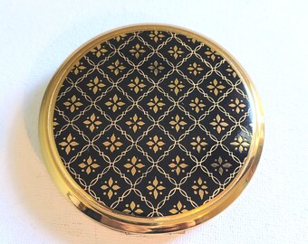 Vintage Kigu Powder Compact, Mid-Century Black & Gold Handbag Mirror with Geometric Lid Design