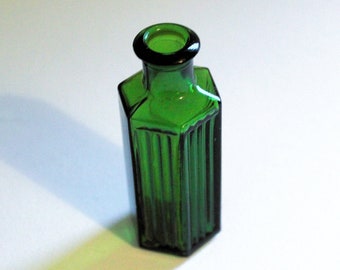 Green Glass Bottle, Vintage Ridged Chemists Bottle