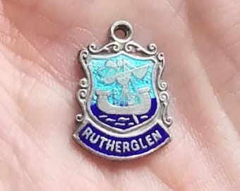 Vintage Sterling Silver Rutherglen Shield Charm, 1961 Birmingham Hallmark, Enamel Coat of Arms